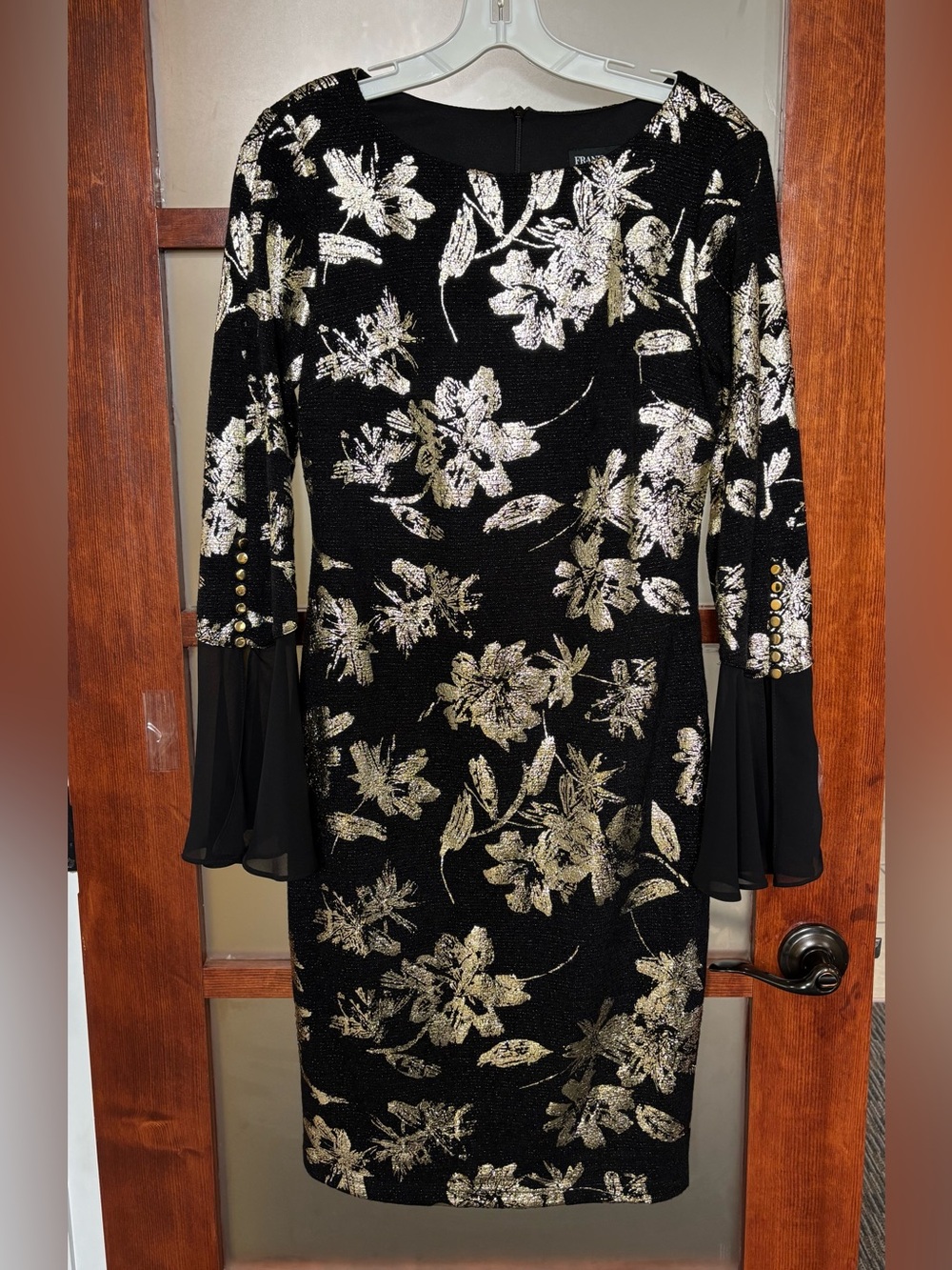Frank Lyman Design Black Dress with Gold Floral Jacquard and Bell Sleeves